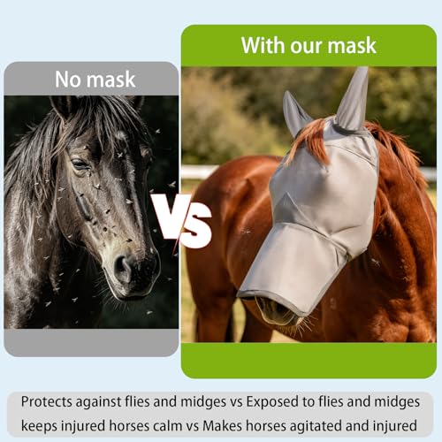 Raelitego Horse Fly Mask with Ears & Nose, Breathable Mesh, UV Protect (XS) - size: XS