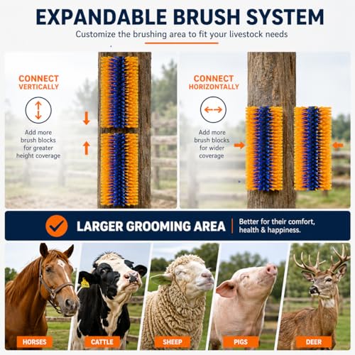 Livestock Scratching Brush 2 Pack, Horse Goat Brush Heavy Duty Scratcher Supplies with Stainless Steel Curry Comb for Barn Pasture Horse, Goat, Cattle, Pig Massage Grooming Itch Relief -17.35×7.5 In