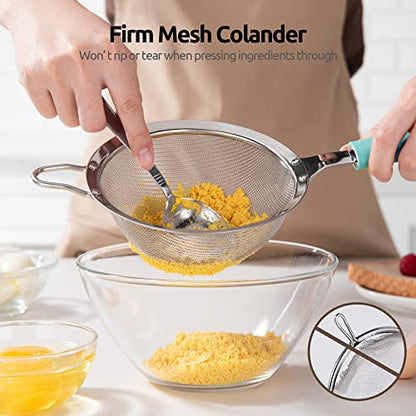 18/8 Stainless Steel Mesh Strainer: U-Taste 5.5 Inch Kitchen Fine Mesh Sieve Food Colander with Riveted Sturdy Silicone Handle and 30 Mesh Hole for Straining Flour, Pasta, Fruit, Quinoa(Aqua Sky) - color: (1) Aqua Sky, size: Medium (5.5 x 13 in)