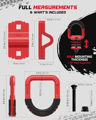 D-Ring Tie Down Anchors with Rubber Isolators, 4 Pack Heavy Duty 10 Ton Capacity Carbon Steel, Bolt-On with Mounting Hardware, Zinc & Powder Coated for Trailer, Truck, Pickup, Garage-Red - color: Red