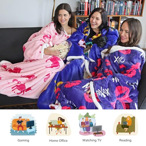 Catalonia Sherpa Wearable Blanket with Sleeves and Pocket for Adults - color: Kiss Dark Blue, size: Standard Pocket