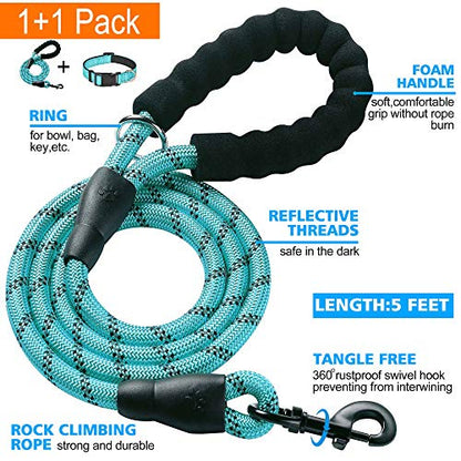 Ladoogo Reflective Dog Collar Padded with Soft Neoprene Breathable Adjustable Nylon Dog Collars for Small Medium Large Dogs (X-Small (Pack of 1), Turquoise Collar+Leash) - color: Turquoise, size: X-Small