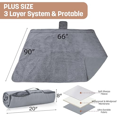 Tirrinia Waterproof Outdoor Blanket with Sherpa Lining, Windproof Foldable - color: Sliver/Grey, size: 59” x 80”