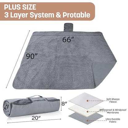 Tirrinia Waterproof Outdoor Blanket with Sherpa Lining, Windproof Foldable - color: Sliver/Grey, size: 59” x 80”
