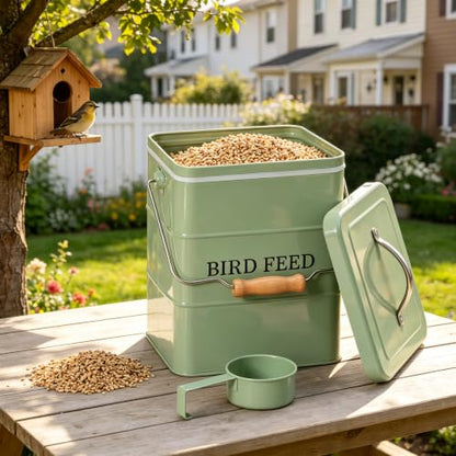 Bird Seed Storage Container, Airtight Metal Bird Food Canister Holds 5-6 LBS Wild Bird Feed, Bright Yellow Bird Feed Tin with Wooden Handle & Measuring Scoop, Dry Pet Snack & Grain Storage Bin - color: Green