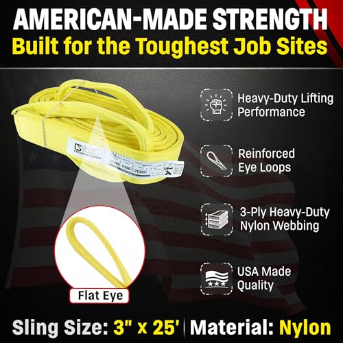 3" x 25' Nylon Lifting Web Sling – USA Made, 12,300 lb Vertical, 9,900 lb Choker, 24,600 lb Basket – 3 Ply Heavy Duty 900 Webbing, Type 3 Flat Eye & Eye Rigging Sling (3" x25') - size: 3"x25'