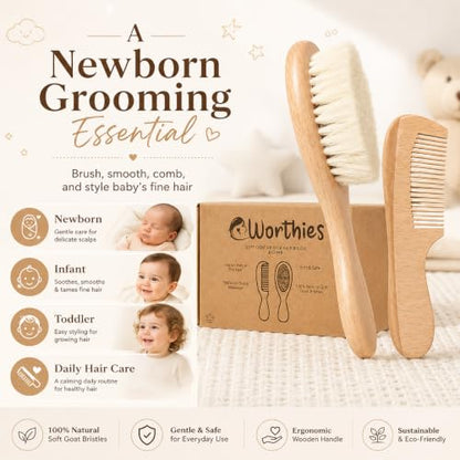 Baby Hair Brush and Comb Set for Newborn, Soft Goat Bristles