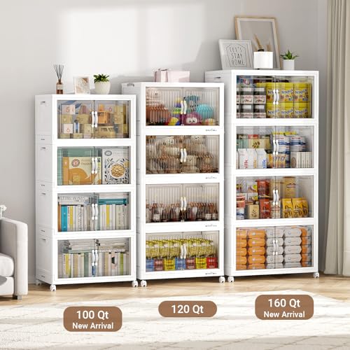 BROVIEW 480QT Large Stackable Storage Bins with Clear Doors, V20 3Pack | 120Gal Plastic Closet Organizer Cabinet with Lid and Wheels, Collapsible Latch Box Folding Drawer for Home, White - size: 160QT-3Pack