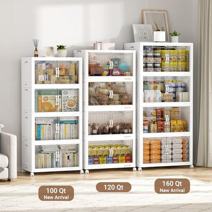 BROVIEW 480QT Large Stackable Storage Bins with Clear Doors, V20 3Pack | 120Gal Plastic Closet Organizer Cabinet with Lid and Wheels, Collapsible Latch Box Folding Drawer for Home, White - size: 160QT-3Pack