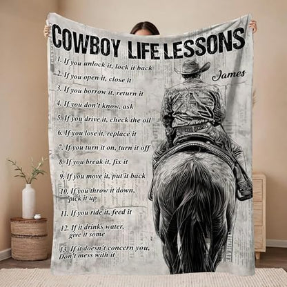 Cowboy Life Lessons Blanket, Personalized Cowboy Fleece Blanket, Cool Blanket Gift for Horse Lovers, Personalized Horse Blanket for Boys Custom Blanket with Name, Horse Throw Blanket for Men 50”x60”