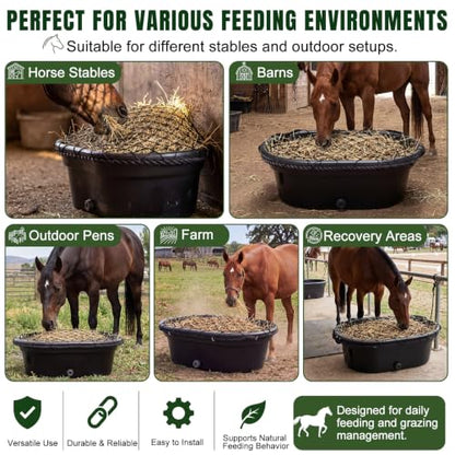 BreezeHug 30 Gallon Rubber Slow Hay Horse Feeder,Heavy Duty Hay Pan Net Set | Save Hay,Extra Large Feed Bucket with 8 Snaps, Horse Feeder with Drain Hole for Goat Farm Livestock Poultry,Reduce Waste