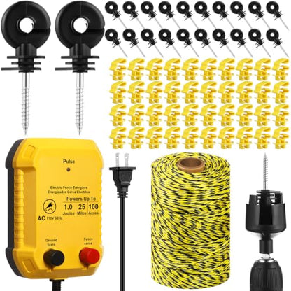 Electric Fence Kit, 25 Mile 110 VAC 1 J Fence Charger, 656 ft Polywire - size: 656FT, style: 1J