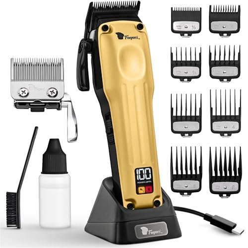 Fagaci Professional Hair Clippers for Men, Cordless Barber Kit, Brushless | Fade and taper blades, swap in one click, Ceramic or DLC blades, cool operation, 3x motor durability, 5x blade sharpness - color: Gold