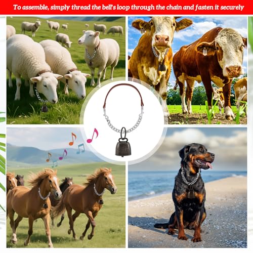 Misdary 2 Pack Goat Collars with Bells, Adjustable Iron Goat Chain Halter 14''-24'' Long for Sheep Horse Dog Cow Calf Farm Animal Supplies Accessories Animal Lovers Gift (Brown)