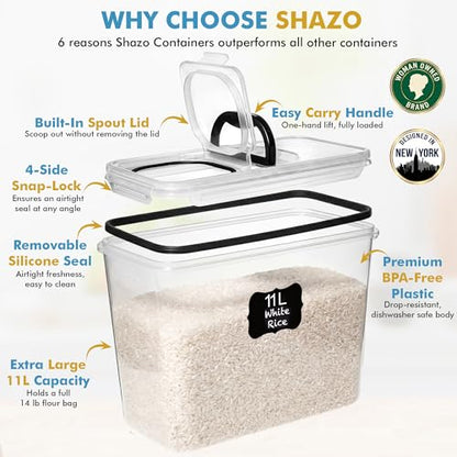 Shazo 2 PC (11L | 372 oz) Flour Sugar Storage Containers with Spout Lid & Easy Carry Handle - BPA Free Extra Large Airtight Food Storage Containers with Lids - Rice Canisters Sets for Kitchen & Pantry - color: Black