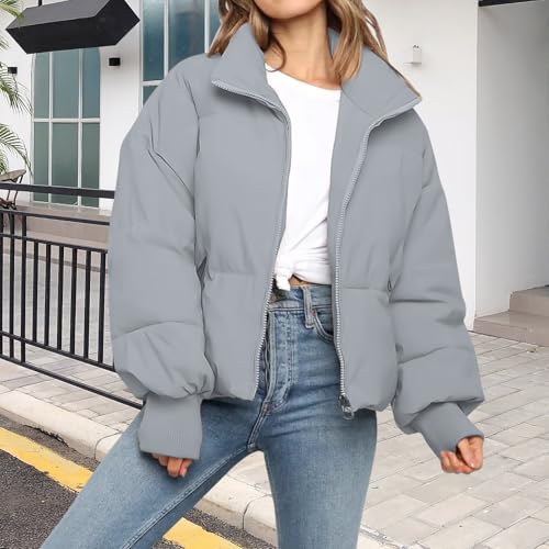 SXGYH Women’s Winter Cropped Puffer Jacket Coat Casual Quilted Baggy Long Sleeve Zip Down Jackets Outerwear - color: Light Grey, size: Medium