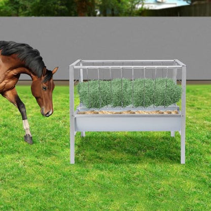 Hay Feeder, Livestock Feed Trough with 2-in-1 Hay and Grain Feeder, Heavy Duty Steel Frame and Deeper Pan Hay Rack, Feeding Station for Sheep, Calf, Cow, Horse, Goats for Pasture, Farm (White) - color: White