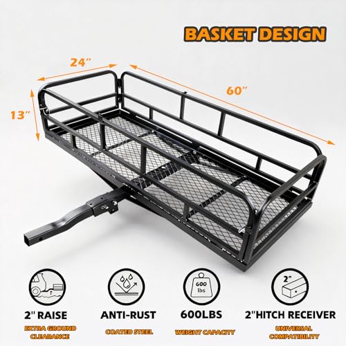 fouwick 60" x 24" x 13" Hitch Cargo Carrier | 600 Lbs Heavy Duty Folding Luggage Rack for SUV & Truck, Steel Mesh Cargo Carrier Hitch Mount Fits 2" Receiver, Powder Coated Vehicle Cargo Basket - color: 60x24x13 inch