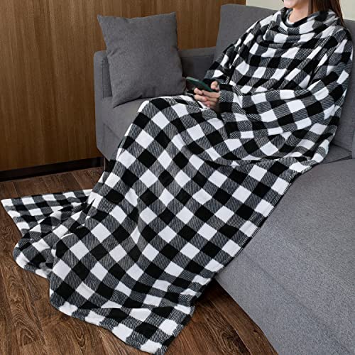 Catalonia Wearable Blanket with Sleeves for Women & Men, Fleece Wrap Throw - color: Plaid White