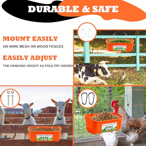 3 Pack Chicken Feeder, Duck Feeder Supplies, Hanging Fence Feed Trough with Clips for Goat, Sheeple, Piglet, Gooses, Turkeys, Dog Livestock Poultry, 8 Quarts in Total, Feed Scoop Included, Orange - color: Orange 3pcs