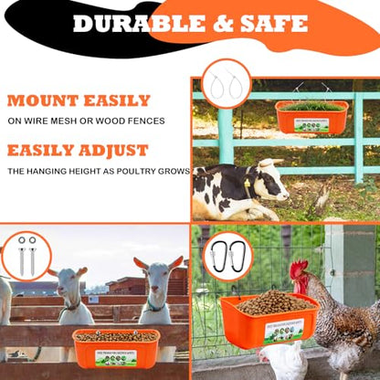 3 Pack Chicken Feeder, Duck Feeder Supplies, Hanging Fence Feed Trough with Clips for Goat, Sheeple, Piglet, Gooses, Turkeys, Dog Livestock Poultry, 8 Quarts in Total, Feed Scoop Included, Orange - color: Orange 3pcs