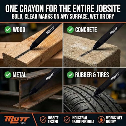 Mutt Tools Black Lumber Crayons 12 Pack - Construction Crayon | Black, 12 Pack, Wax Formula, Hexagonal Grip, Weather Resistant - color: Black