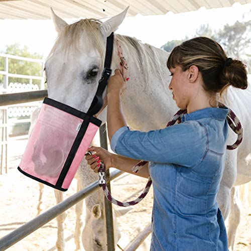 Horse Feed Bag, Nylon Mesh Grain Horse Feed Bucket (Pink 2P) | with Adjustable Strap Comfortable Neck Pad Nose Pad and Waterproof Bottom - color: Pink