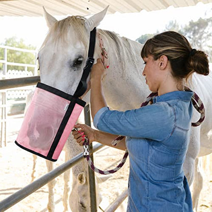 Horse Feed Bag, Nylon Mesh Grain Horse Feed Bucket (Pink 2P) | with Adjustable Strap Comfortable Neck Pad Nose Pad and Waterproof Bottom - color: Pink
