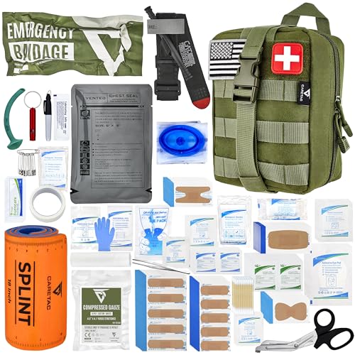 CareTac IFAK Trauma & First Aid Kit with CAT Gen 7 Tourniquet – Military-Grade Tactical Medical Kit Includes Israeli Bandage, Chest Seal, Splint & CPR Mask for Bleed Control, Gunshot Wounds & More - color: Green