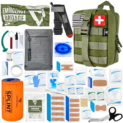CareTac IFAK Trauma & First Aid Kit with CAT Gen 7 Tourniquet – Military-Grade Tactical Medical Kit Includes Israeli Bandage, Chest Seal, Splint & CPR Mask for Bleed Control, Gunshot Wounds & More - color: Green