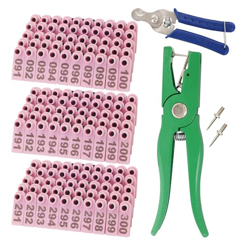 Sheep Goat Ear Tags Numbered 001-300 Plastic with Applicator Plier Tool | Livestock Ear Tags with 2 Ear Tag Pins for Sheep Goats Hogs Pigs Farm Animal Tracking Identification (Pink, 001-300) - color: Pink, size: 001-300