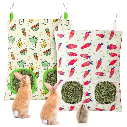UPINS 2Pack Guinea Pig Hay Feeder Bag,Bunny Rabbit Cage Bag Hanging Holder - color: Red Green, size: 28 x 25 cm
