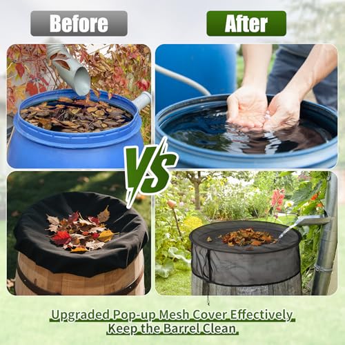 Pop Up Mesh Cover for Rain Barrels with Drawstring, 2 Pack Water Rain Barrel Netting Screen Water Collection Buckets Tank Protector Cover Net to Keep Leaves and Debris Out, 24.8 Inch