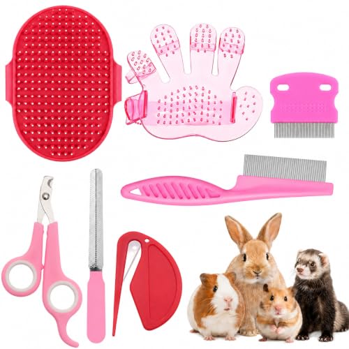Rabbit Grooming Kit, 7-Piece Bunny Brush and Nail Care, Pink | 7 tools for loose fur, combing, light tangles and nail care; for rabbits, guinea pigs, hamsters and ferrets - color: Pink
