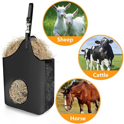 4 Pcs Hay Bag Hanging Goat Feeder Tote with Adjustable Strap - color: black-4