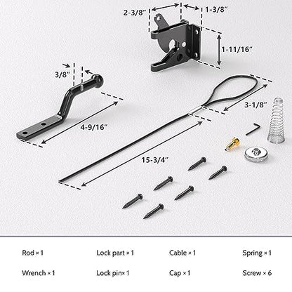 Gate Latch with Spring Cable Pull for Fence Gate - Carbon Steel - Black,Self Locking Fence Gate Latch,Gate Latch for Wooden Fence,Fence Door Latch