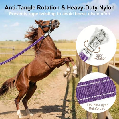 2 Pack Cross Ties for Horses, Heavy Duty Reflective Adjustable Trailer Tether (44"-78.7") with Panic & Bull Snap, 360° Anti-Tangle Barn Grooming Equipment (Purple) - color: Purple