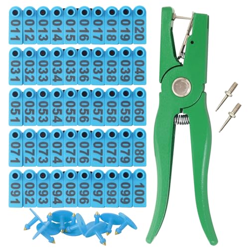 Sheep Goat Ear Tags Numbered 001-100 Plastic with Applicator Plier Tool | Livestock Ear Tags with 2 Ear Tag Pins for Sheep Goats Hogs Pigs Farm Animal Tracking Identification (Blue, 001-100) - color: Blue, size: 001-100