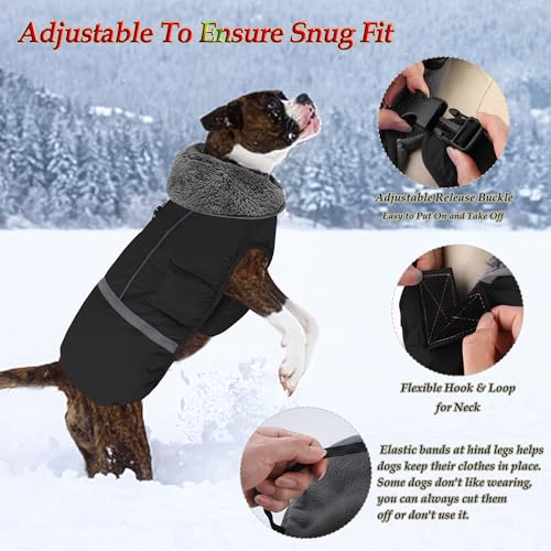 Dogcheer Warm Dog Coat, Waterproof Dog Jacket Christmas Puppy Winter Coat with Buckle, Reflective Adjustable Pet Snow Jacket Turtleneck Fleece Sweater for Small Medium Large Dogs - Black, S - color: Black, size: Small