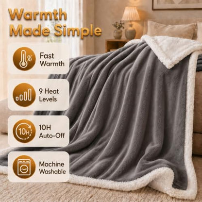 Heated Blanket Electric Throw Size 50''x60'' with 9 Heating Levels, 1-10 Hour Auto Shut Off, Machine Washable, Flannel & Sherpa Double-Sided Soft Warming Blanket for Couch, Bed, Office - Light Grey - color: 01-light Grey, size: 50''x60''(Throw)