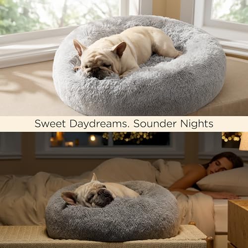 Bedsure Calming Cat Beds Donut Round Washable Kitten Bed,20 inches | Fluffy Faux Fur Cuddler,Anti-Slip Bottom,Anti-Anxiety,Deep Sleeping for Cats&Small Pets Up to 15 Lbs,Pale Grey - color: Pale Grey, size: 20"L x 20"W x 6"Th
