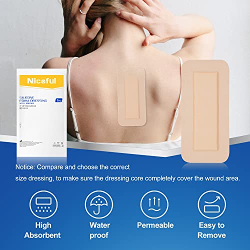 Silicone Foam Dressing 4"x8"(10 Count) | Large Bandages for Wound Care/Bed Sores/Post-Surgery - size: 4"x8" (10PCS)
