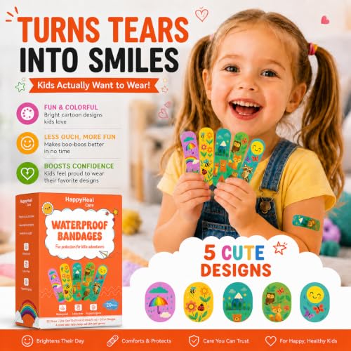 Waterproof Self-Adhesive Bandages, Sterile & Individually Wrapped, Fun Cartoon Designs, Latex-Free, Hypoallergenic, 4-Sided Seal, First Aid for Minor Cuts, Scrapes & Wounds
