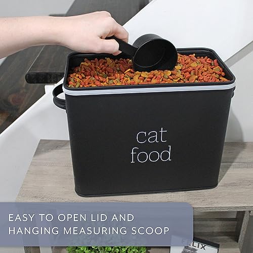 AuldHome Design Farmhouse Cat Food Container (Black) Enamel Look Rustic Cat Food Bin with Scoop