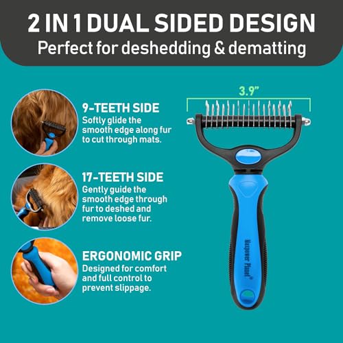Maxpower Planet Pet Grooming Brush and 2X Grooming Gloves Combo - Double Sided Dematting, Deshedding Undercoat Rake for Dogs and Cats - Reduce Shedding Easily - Blue - color: A1 - Rake & Glove (Best Value), size: Large