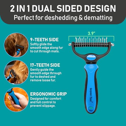 Maxpower Planet Pet Grooming Brush and 2X Grooming Gloves Combo - Double Sided Dematting, Deshedding Undercoat Rake for Dogs and Cats - Reduce Shedding Easily - Blue - color: A1 - Rake & Glove (Best Value), size: Large