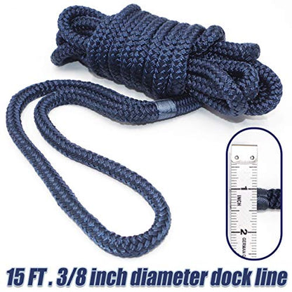2 Pack Premium Navy Blue Dock Lines - 15' / 25'/35' with Eyelet.Double Braided Nylon Dock Line/ - size: 3/8" x 15 FT