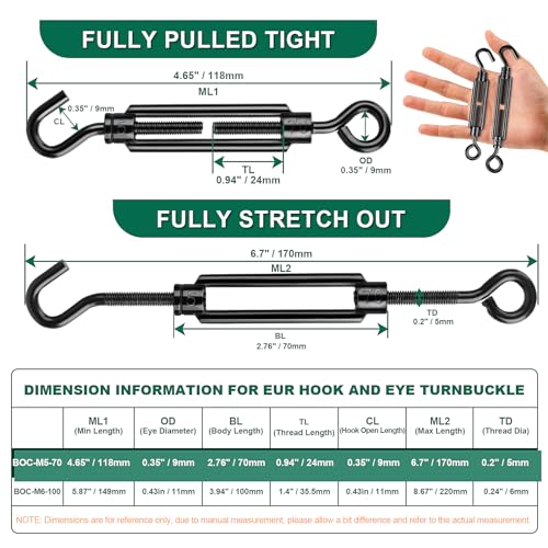 Black Small Turnbuckles for Cables Wire, M5 Hook and Eye Tensioner - size: 6 Pcs M5 x 4.7"