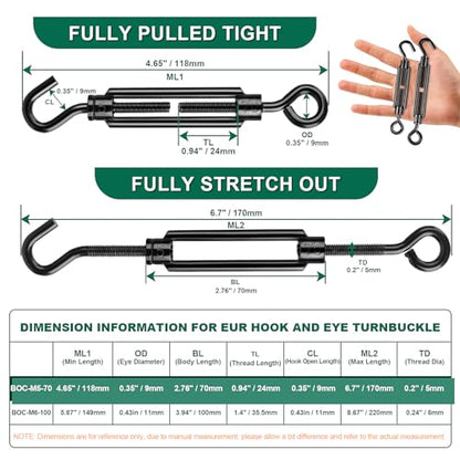 Black Small Turnbuckles for Cables Wire, M5 Hook and Eye Tensioner - size: 12 Pcs M5 x 4.7"