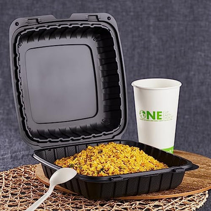 KARAT EARTH Clamshell Take Out Food Containers [9"x9" - 120 ct] To Go Containers | Microwavable, Freezer Safe, Soak-Resistant, Durable, Stackable | Vented for Hot/Cold Foods, Black